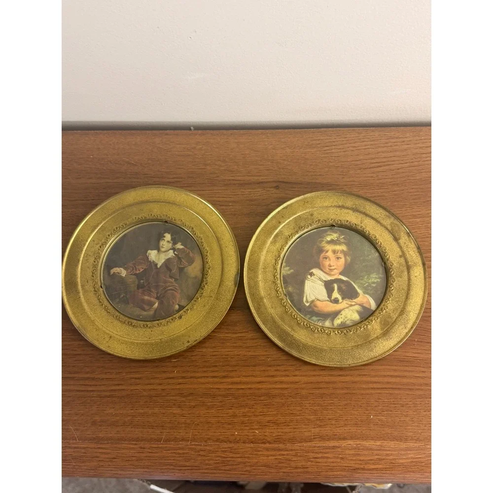 Vintage Brass Portrait Wall Art Set 2 Miss Bowles Red Boy England Victorian
